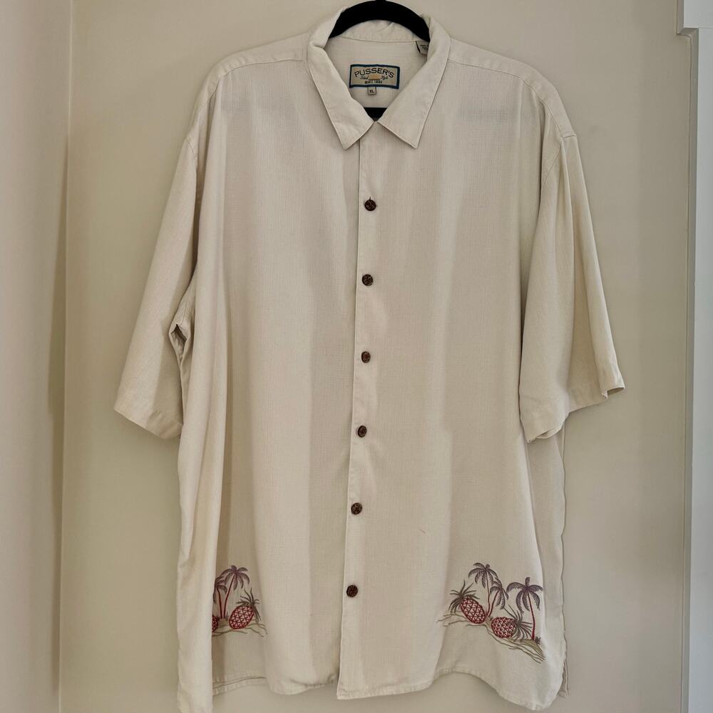 Pusser’s Island Style Men’s Silk Shirt XL Beige Embroidered Pineapples Palm Tree